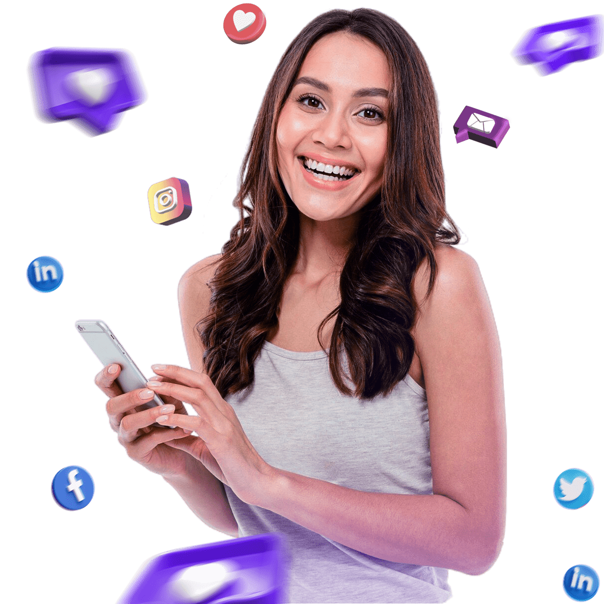 Mujer sonriente usando un smartphone, rodeada de iconos de redes sociales como Facebook, Instagram, LinkedIn y Twitter.