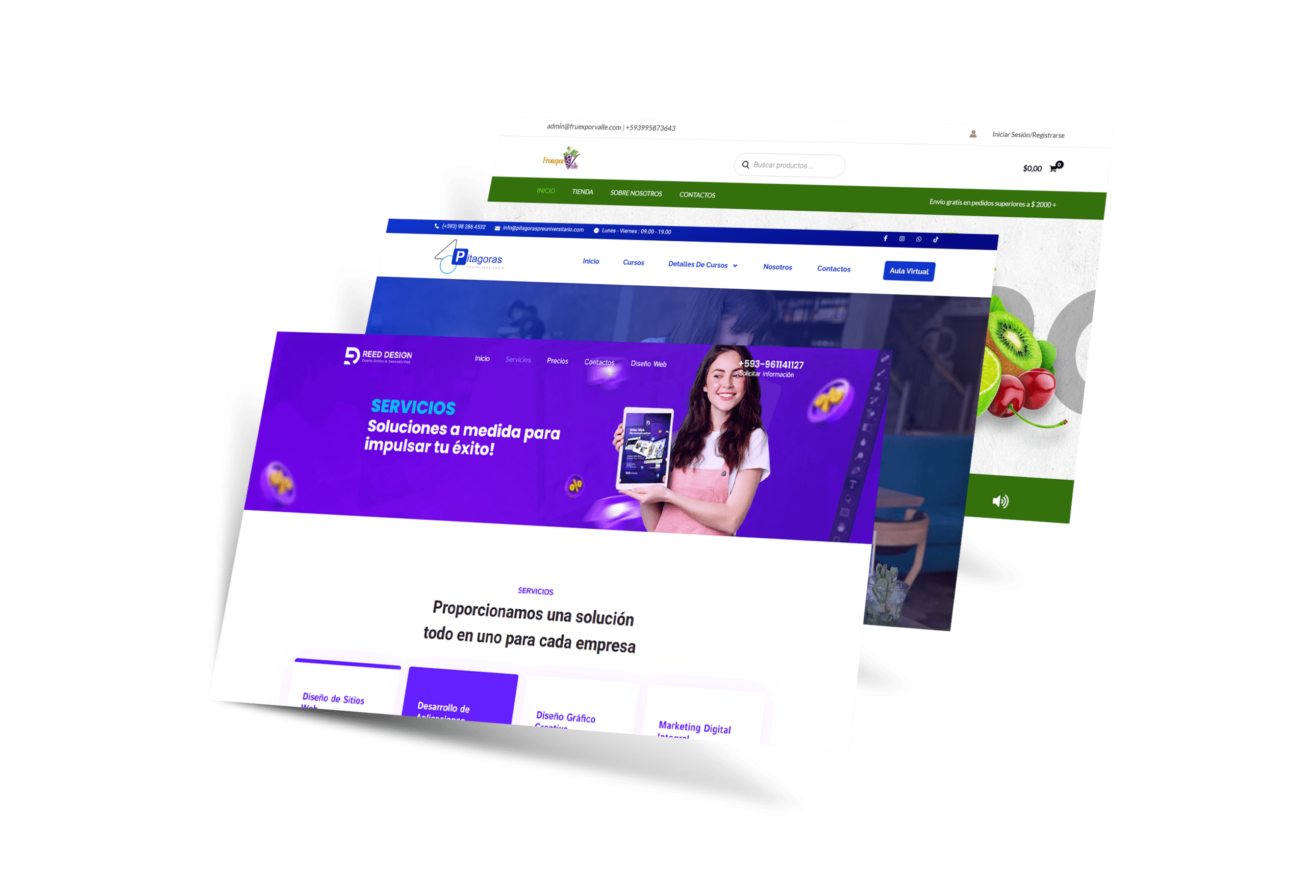 Mockup de tres páginas web. La primera página, Reed Design, destaca por su diseño colorido y ofrece servicios personalizados para el éxito empresarial, como diseño de sitios web, desarrollo de aplicaciones y marketing digital. La segunda página web, Pitagoras, parece enfocarse en cursos y educación virtual, mientras que la tercera, Fruexprovalle, es una tienda en línea con productos frescos y naturales, mostrando frutas en su diseño. Cada sitio tiene elementos distintos que reflejan sus servicios y productos específicos.