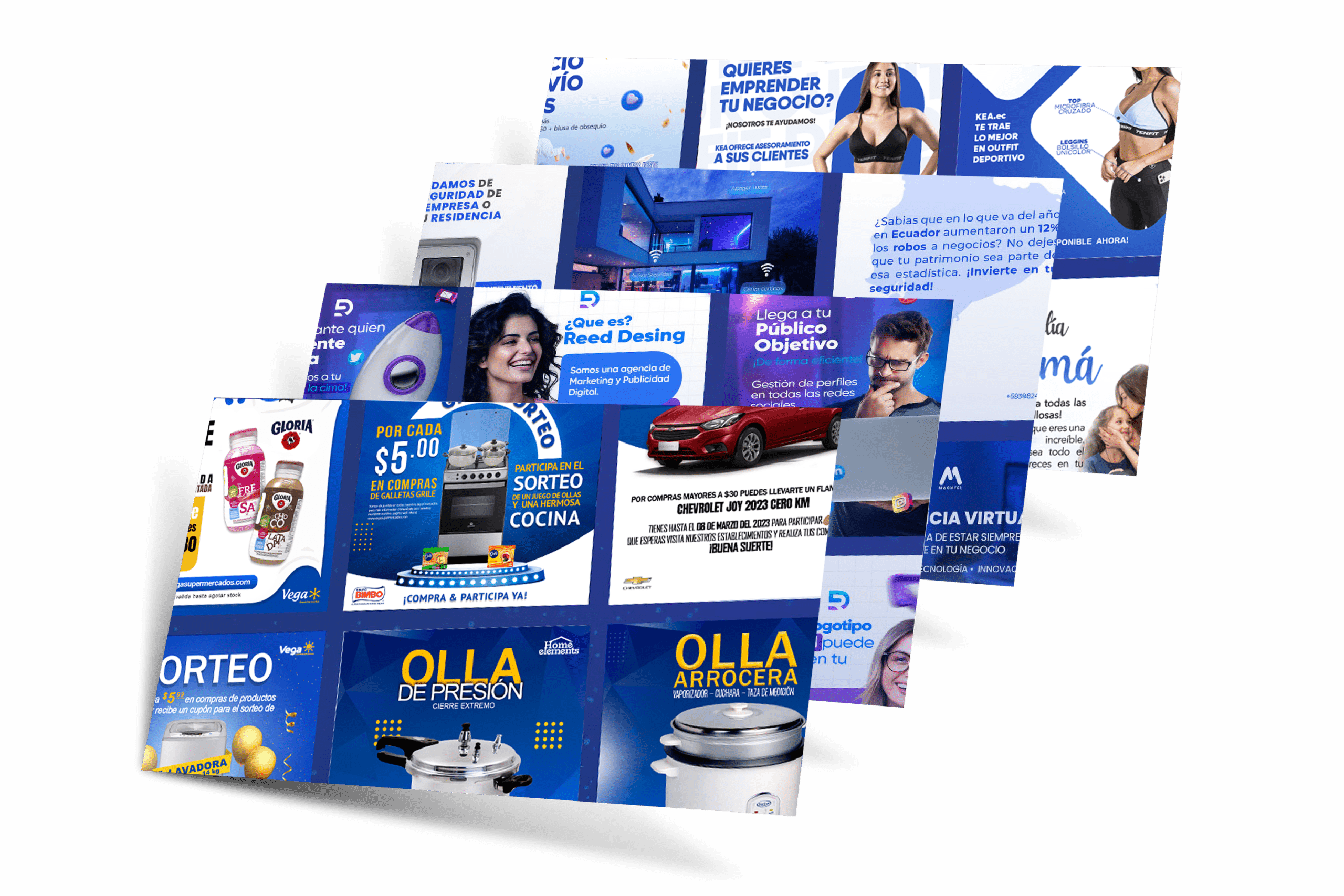 Imagen que muestra una serie de anuncios publicitarios diseñados por Reed Design, una agencia digital líder en Ecuador. Los anuncios destacan productos como electrodomésticos, promociones de marcas conocidas, servicios de seguridad, ropa deportiva, y campañas de marketing digital. Reed Design se especializa en la creación y diseño de páginas web, desarrollo de aplicaciones móviles, diseño gráfico, manejo de redes sociales y marketing digital, con un enfoque en la innovación y la excelencia para transformar la presencia digital de sus clientes.